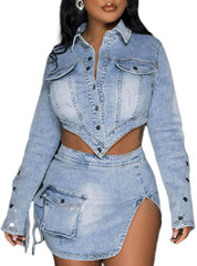 Seltaon Womens Cropped Denim Jacket Button Down Long Sleeve Blue Jean Jackets Coat Trendy Plus Size