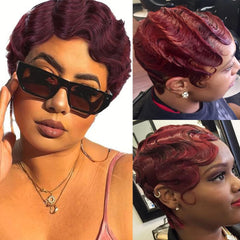 ONICA Short Pixie Cut Wigs Brazilian Virgin Human Hair Wigs Finger Ocean Wave Wig Mommy Hair for Black Women 1B#