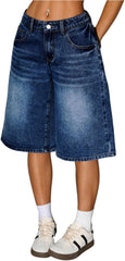 WDIRARA Women's Low Rise Baggy Denim Shorts Wide Leg Bermuda Jean Shorts