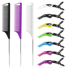 Rat Tail and Parting Combs with Styling Clips: 3 Metal Teasing Combs for Braids, 7 Professional Sectioning Hair Clips