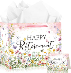 Wildflower Retirement Gift Bag for Women, Retired Gift Bag with Tissue Paper and Card Happy Retirement Gift Wrapping Paper Retired Gifts for Women Farewell Going Away Party Favor Bags Supplies