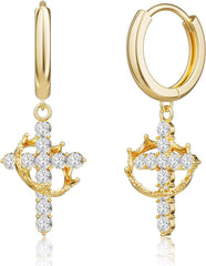 14K Gold Plated Cross Drop Dangle Earrings for Women - Trendy Dainty Huggie Hoop Earrings Dangling Religious Ornament Jewelry