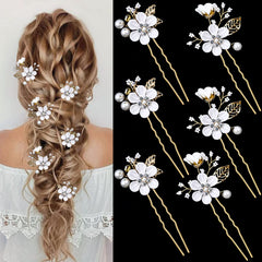 6 Pieces Bridal Flower Wedding Hair Pins Crystal Pearl Hair Pins Clips Headpiece Gold Wedding Hair Accessories Jewelry with Rhinestone for Brides Bridesmaids Women Girls Updo (Special Cream Blue)