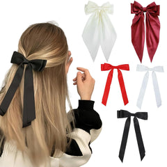 Hair Bows for Women - 3 Pcs Large Ribbon Hair Clips with Long Tail Tassels, Big Hair Barrettes for Girls (Black, Red, Beige)