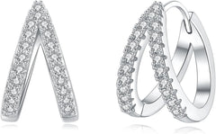 925 Sterling Silver Cubic Zirconia Double Hoop Earrings for Women, Hypoallergenic Sparkling Diamond Hoop Earrings for Daily Wear
