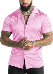 URRU Men's Luxury Shiny Silk Like Satin Dress Shirt Cuban Collar Short Sleeve Casual Slim Fit Muscle Button Up Shirts