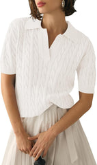 Micoson Womens Short Sleeve Lightweight Sweater Tops Lapel V Neck Cable Knit Polo Shirts Summer Loose Casual Outfits 2025