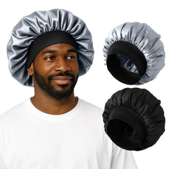 2PCS Silk Satin Bonnet for Men Sleeping, Soft Hair Cap for Locs Dreads Braids, Lightweight Night Bonnet for Curly Hair Protection (Black Silver)