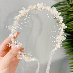 Flower Girl Princess Headpiece, Pearl Bridal Hair Accessory for Kids, Women Wedding Hair Band (Gold)