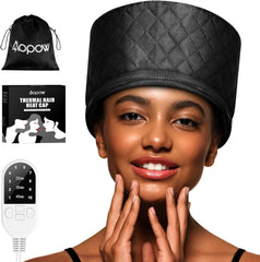 Heated Electric Thermal Steamer Cap for Natural Black Afro Hair - Hot Spa Treatment Hat with Temperature Control for Deep Conditioning at Home - Black