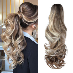 FELENDY Ponytail Extension Claw 18" 20" Curly Wavy Straight Clip in Hairpiece One Piece A Jaw Long Pony Tails for Women Dark Brown
