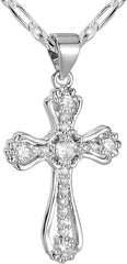 14K Gold Plated Cross Necklace for Women, Cubic Zirconia Copper Cross Pendant, Valentine Mother's Day Gifts for Her with Jewelry Box Figaro Link Chain, Alloy Infinity CZ Diamond Bridal Wedding
