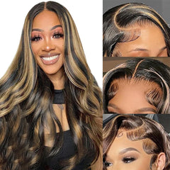 QNQZ 13x6 Highlight Ombre Lace Front Wig Human Hair 30 Inch Body Wave Honey Blonde Glueless HD Lace Frontal Wigs for Women 220 Density Human Hair Pre Plucked with Baby Hair