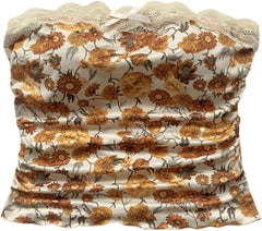 Floerns Women's Cute Lace Trim Strapless Tube Tops Summer Pattern Ruched Bandeau Crop Tube Tops