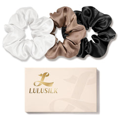 LULUSILK Silk Scrunchies for Hair Sleep, 100% Real Mulberry Silk, No Damage Silk Hair Ties for Women and Girls, Classic Black, Pack of 3