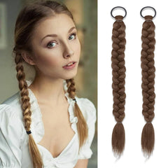 2Pcs Braided Ponytail Extensions with Hair Ties Soft Synthetic Hair Pieces for Women Girls Daily Wear 16 Inch ( Light brown)
