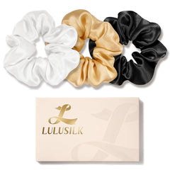 LULUSILK Silk Scrunchies for Hair Sleep, 100% Real Mulberry Silk, No Damage Silk Hair Ties for Women and Girls, Classic Black, Pack of 3