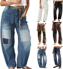 Barrel Jeans Women, Wide Leg Baggy Low Rise Ankle Sweatpant Patchwork Jeans for Woman Cropped Loose Fit Stretchy Trouser