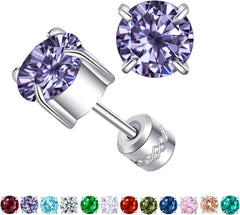 Titanium Flat Back Surgical Stainless Steel Stud Earrings for Women Men,Birthstone Stud Earrings Hypoallergenic Double Side 5A Cubic Zirconia Studs Jewelry 6mm