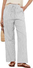 GRAPENT Striped Pants for Women High Waisted Wide Leg Cotton Linen Trendy Beach Pull on Elastic Waist Casual Flowy Pants