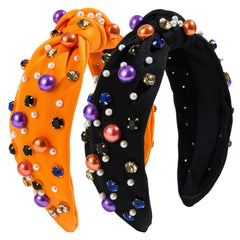 2Pcs Fall Headbands for Women, Thanksgiving Day Solid Color Rhinestones Holiday Knot Hair Hoops, Autumn Festive Pearl Hair Accessory Gift(Orange&Yellow)