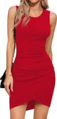 Missufe Women's Round Neck Sleeveless Tulip Hem Ruched Bodycon Summer Casual Tank Short Dress