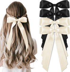 vivinin 4pcs Solid Silky Satin Hair Accessories: Bows with Long Tails, Daily Wear Clips for Women and Girls, White and Black Gifts