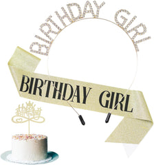 Silver Birthday Headband for Women,Sash and Crown for Girls,Gift for Her,Cake Topper,Accessories for Birthday Decorations.
