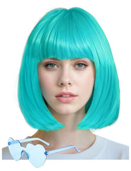 Wig and Sunglasses 12 Inch Short Bob Wigs with Bangs for Women Costume Cosplay Party (Blue)