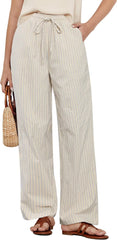 GRAPENT Striped Pants for Women High Waisted Wide Leg Cotton Linen Trendy Beach Pull on Elastic Waist Casual Flowy Pants
