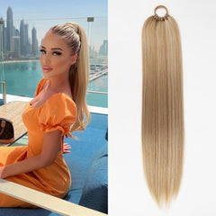 Ponytail Hair Extension For Women,Long Braided Ponytail With Hair Tie,Straight Wrap Around Braided Hair Extension,Synthetic Hair Ponytail Extension 26inch(Golden Blonde Highlights)