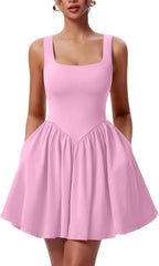 YMDUCH Women's Summer Sleeveless Square Neck A-line Ruffle Hem Mini Tank Dress with Pockets