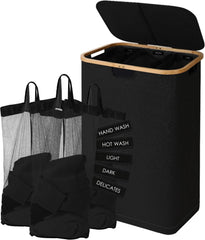 160L Laundry Sorter Hamper with Lid, 3 Section Extra Large Dirty Clothes Basket with Handles, 3 Removable Liner Bags & Labels, Beige