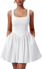 YMDUCH Women's Summer Sleeveless Square Neck A-line Ruffle Hem Mini Tank Dress with Pockets