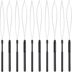 10 Pieces Hair Extension Loop Needle Threader Pulling Hook Tool and Bead Device Tool Black Loop Threader for Hair or Feather Extensions (Black)