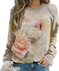 Women's Cat Sweatshirts Oil Painting Print Tunics Crewneck Long Sleeve Funny Graphic Pullover Fall Loose Casual Tops