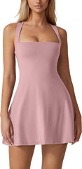 QINSEN Womens Square Neck Tennis Dress Sleeveless Built in Shorts Golf Athletic Dress with Pockets