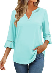 3/4 Length Sleeve Womens Tops Summer Ruffle Sleeve Blouses V-Neck Lace T-Shirts Dressy Casual