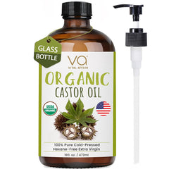Pure Castor Oil Organic Cold Pressed Unrefined Glass Bottle-USDA Certified for Castor Oil Pack Wrap for Face,Hair Growth,Eyelashes,Eyebrows-16oz