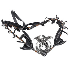 Renaissance Black Dragon Elf Fairy Crown - Moon V-shape Headpiece with Crystal Elven Gothic Dark Leaf Tiara Woodland Witch Headband Women Men Cosplay Wedding Accessories