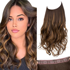 SARLA Invisible Wire Hair Extensions with 3 Clips Long Synthetic Wavy Curly Hairpiece Adjustable Transparent Headband for Women 18 Inch Ash Medium Brown/Ash Blonde Highlights