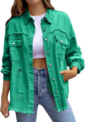 Women's Denim Jackets Trendy Ripped Oversized Denim Jacket Casual Long Boyfriend Distressed Denim Jacket