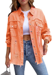 Womens Denim Jacket Outwear Boyfriend Long Sleeve Button Down Distressed Jean Jacket Casual Cowboy Jacket