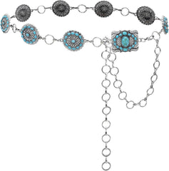 Turquoise Belt Silver Western Chain Belt Cowgirl Concho Belts for Women