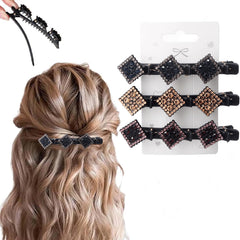 2 Pcs Sparkling Crystal Stone Braided Hair Clips, 2025 New Satin Fabric Hair Bands Rhinestone Four-Leaf Clover Hair Clip for Styling, Duck Bill Clips for Women Girls, Color D