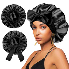 2Pcs Satin Silk Hair Bonnet for Sleeping Women,Large Bonnets with Elastic Wide Tie Band Silk Sleep Cap,Hair Wrap Night Cap with Adjustable Straps for Black Women Curly Hairs Jumbo Bonnet Braid - Pink