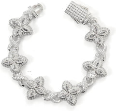 Lulu Mel Cross Infinity Charm Cuban Chain Bracelet for Men Women, Iced Out Silver Colorful Prong Setting 5A Cubic Zirconia Diamond Fashion Four-Leaf Cuban Bracelet for Rapper Gift
