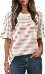 MEROKEETY Women's Summer Short Sleeve Shirt Casual Colourful Striped Crewneck Loose Tops Blouse