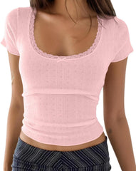 Cioatin Women Y2K Lace Bow Patchwork Pointelle Crop Tshirt Short Sleeve Scoop Neck Fitted Girls Coquette Tee Tops Summer