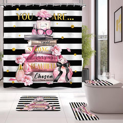 Riyidecor 4PCs Fashion Shower Curtain Bathroom Set with Non-Slip Rugs Toilet Lid Cover and Bath Mat Black White Stripe Pink Modern Book Waterproof 12 Pack Hooks 72x72 inch Women Shower Curtain Decor